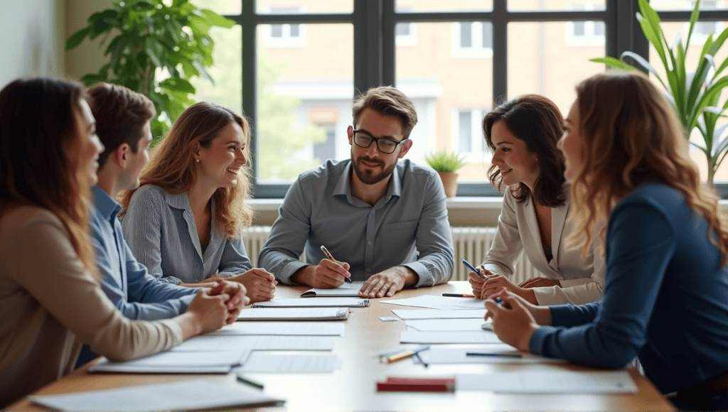 Professionals collaborating and brainstorming around a large table in a conference room.