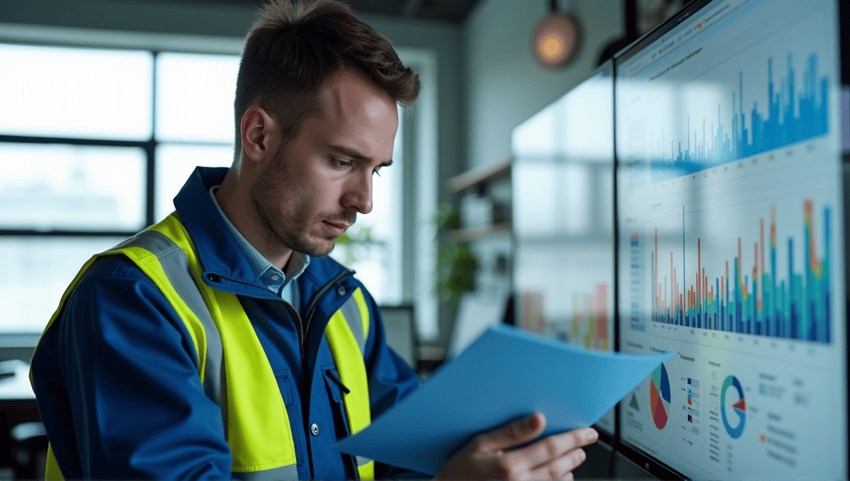 Engineer in blue overalls and high visibility jacket analyzing data in modern office.