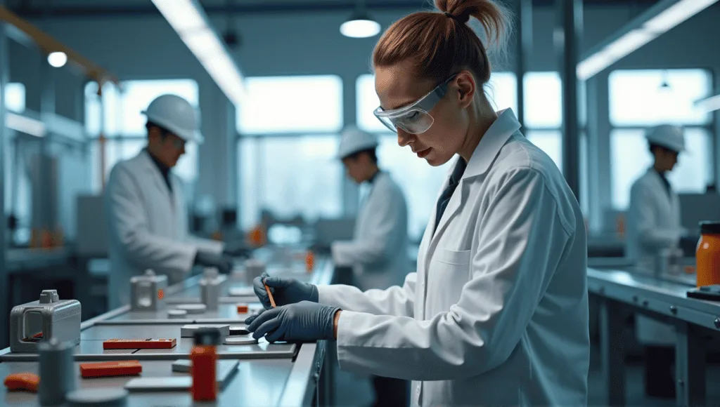 Quality control specialist inspecting a product on the assembly line in a manufacturing environment.