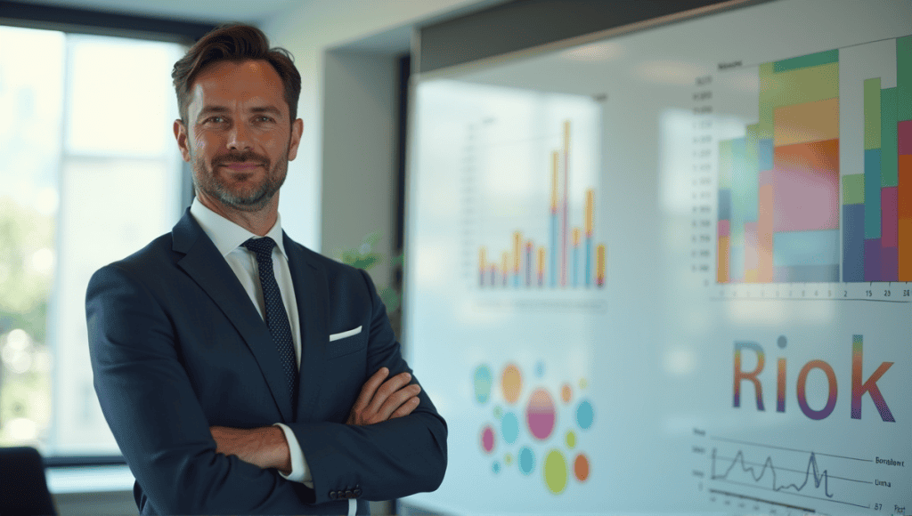 Business professional in a suit stands in front of a whiteboard with risk matrices.