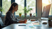 Person in smart casual attire focused on colorful kanban cards at a modern desk.