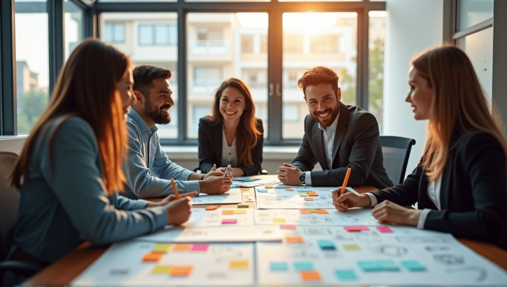 professionals collaborating around a table with sticky notes in a modern office.