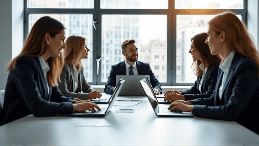 professionals discussing career advancement strategies at a modern conference table.