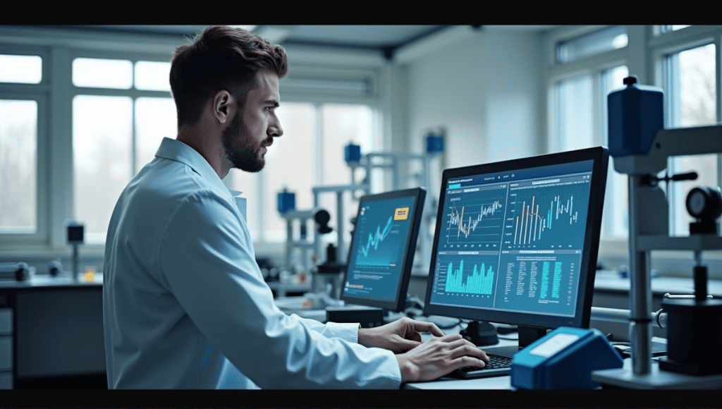 Engineer in lab coat analyzing data charts in a busy quality control laboratory.