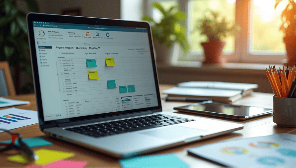 Workspace featuring a laptop with project timelines, colorful sticky notes, and a digital tablet.