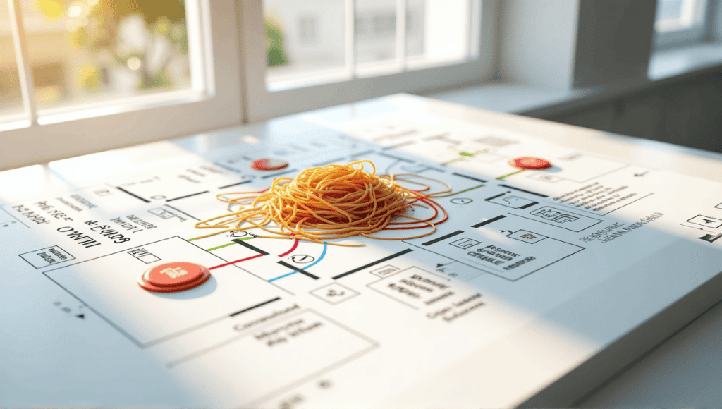 Detailed spaghetti diagram on a white surface, featuring colorful movement paths and labeled components.