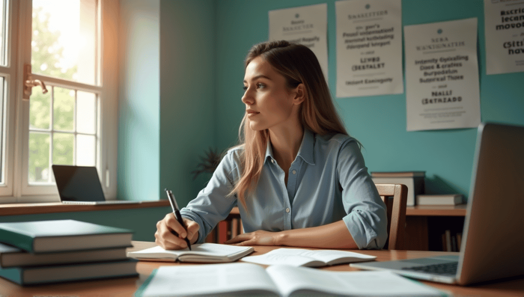 Focused individual in smart casual attire practicing self-management skills at a desk.