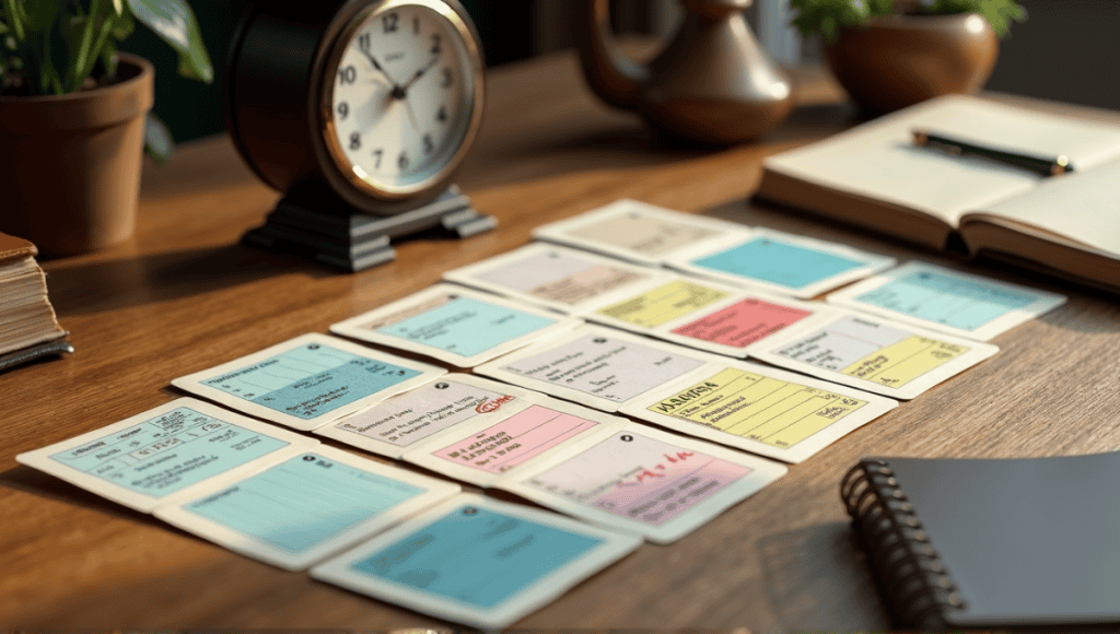 Array of colorful Kanban cards on a wooden table with vintage clock and notebook.