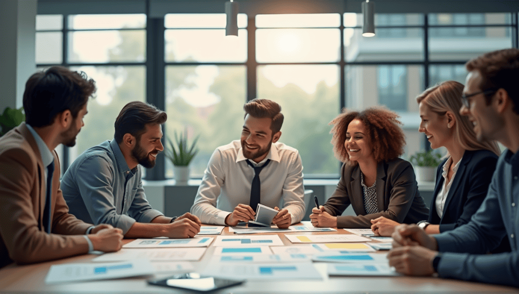 Professionals collaborating in a modern office, brainstorming around a table with documents and devices.