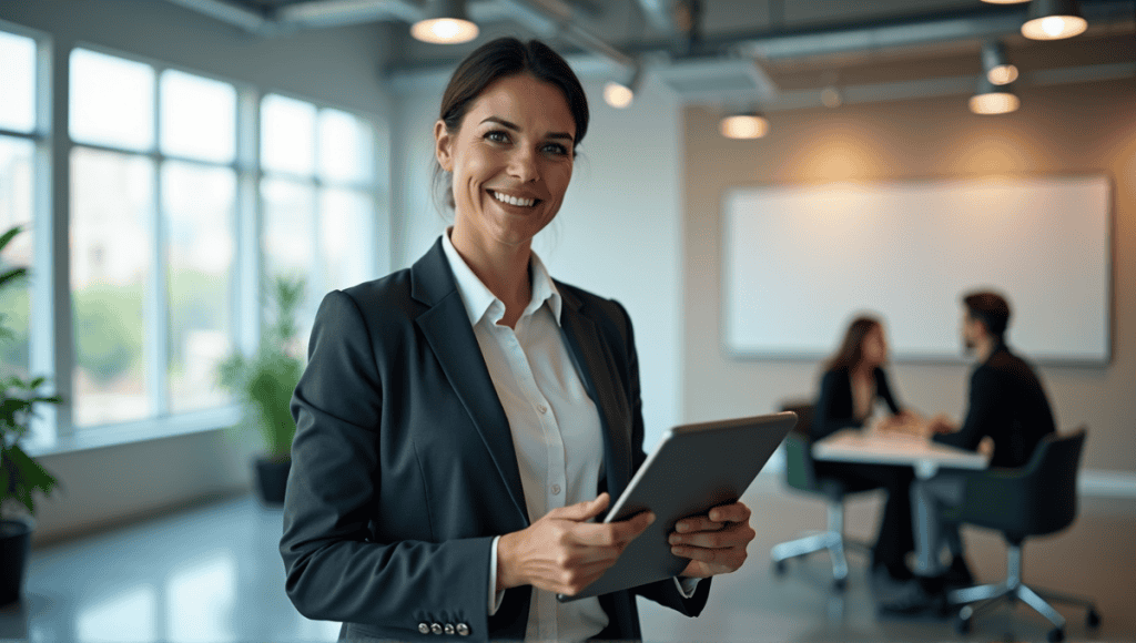 Program manager in business attire using a tablet in a modern office with team collaboration.