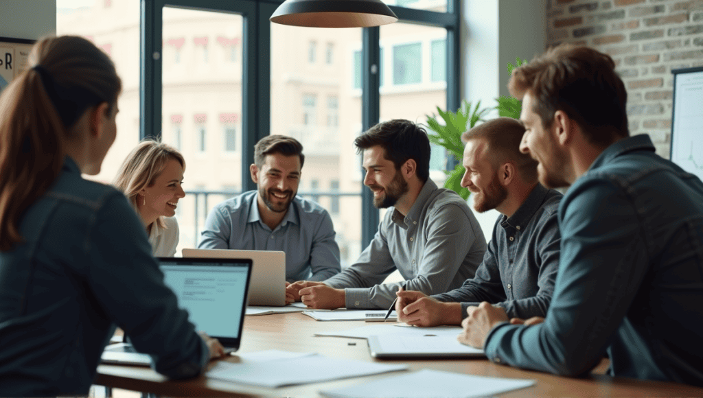 Diverse professionals in an Agile meeting collaborating around a modern conference table.