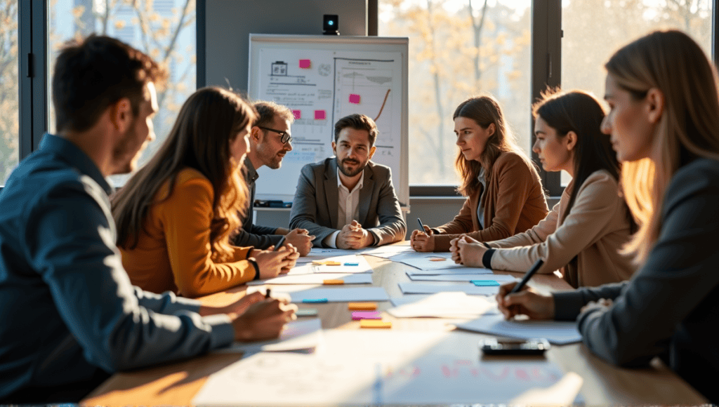 agile team brainstorming with post-it notes and project plans in a modern office.