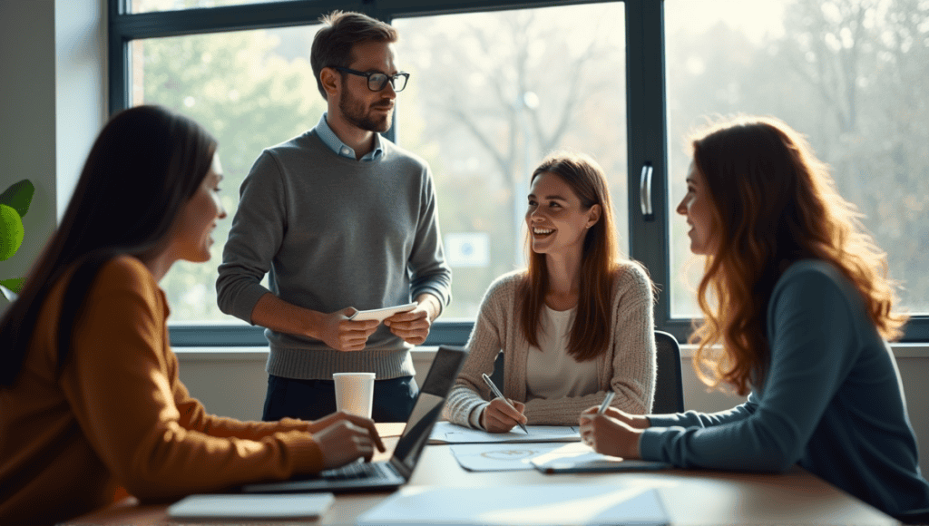 Agile team collaborating in a modern office, featuring Product Owner, Scrum Master, and developers.