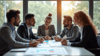 Professionals collaborating at a table, discussing charts in a modern office environment.