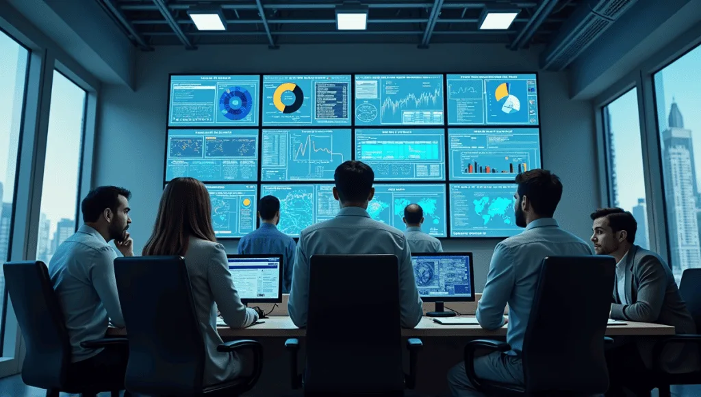 Professionals analyzing data on digital screens in a modern control room setting.