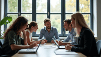 Group of professionals collaborating in a sprint review meeting around a conference table.