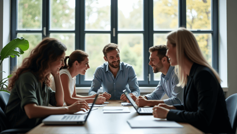 Group of professionals collaborating in a sprint review meeting around a conference table.