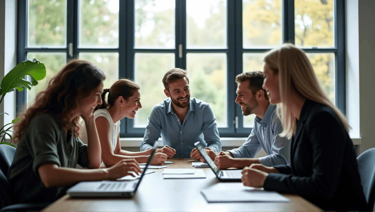 Group of professionals collaborating in a sprint review meeting around a conference table.