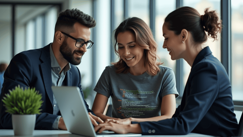 Team of professionals collaborating on DevOps in a modern office, discussing computer code.