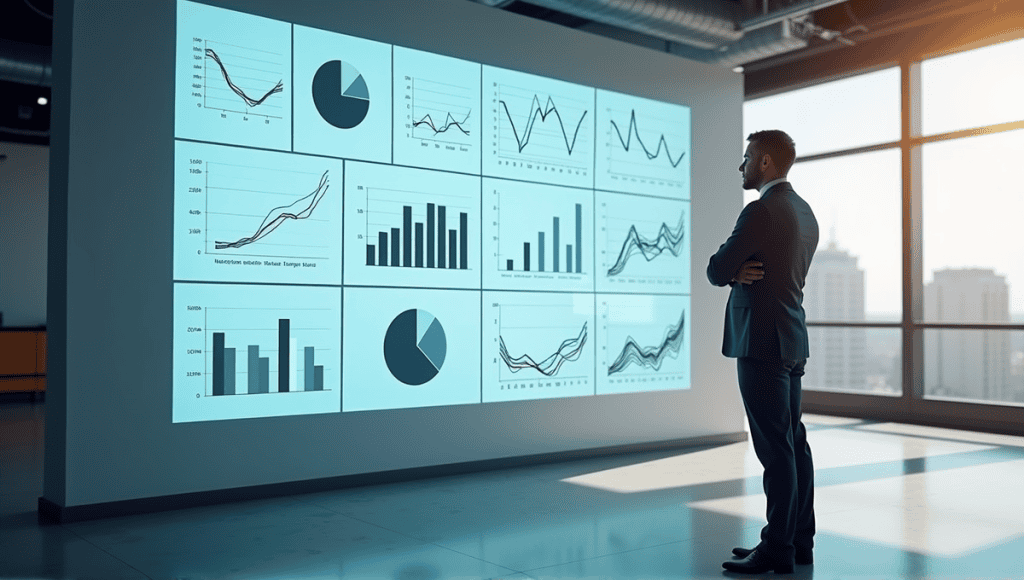 Person in business suit beside large screen showing diverse data visualization graphs in office.