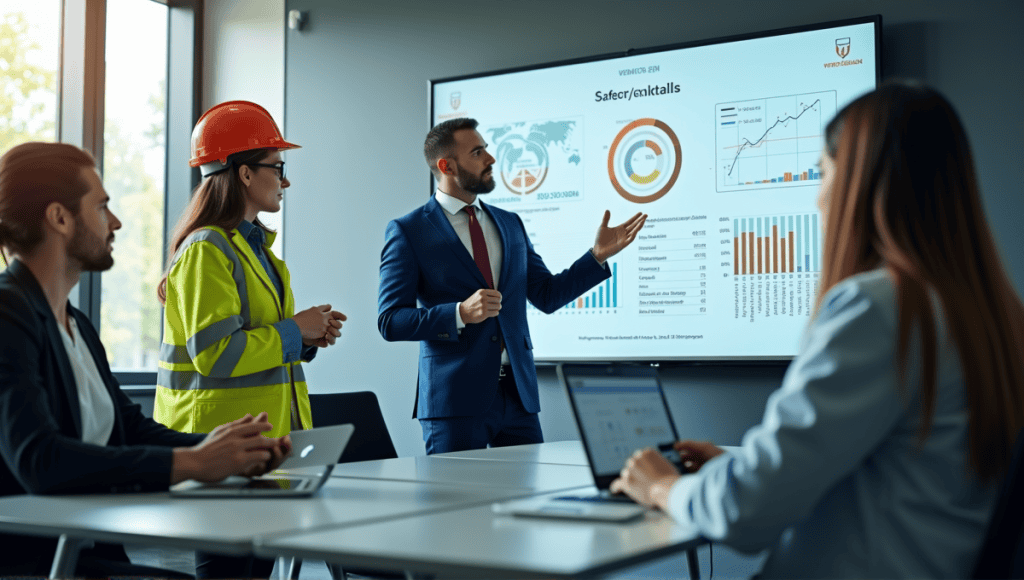 Group of professionals in business attire discussing safety metrics in a modern conference room.