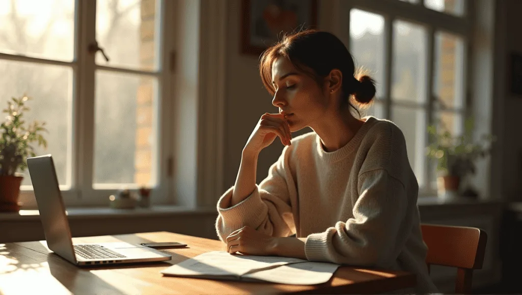 Thoughtful individual in a sweater reflecting at a wooden table with notes and laptop.