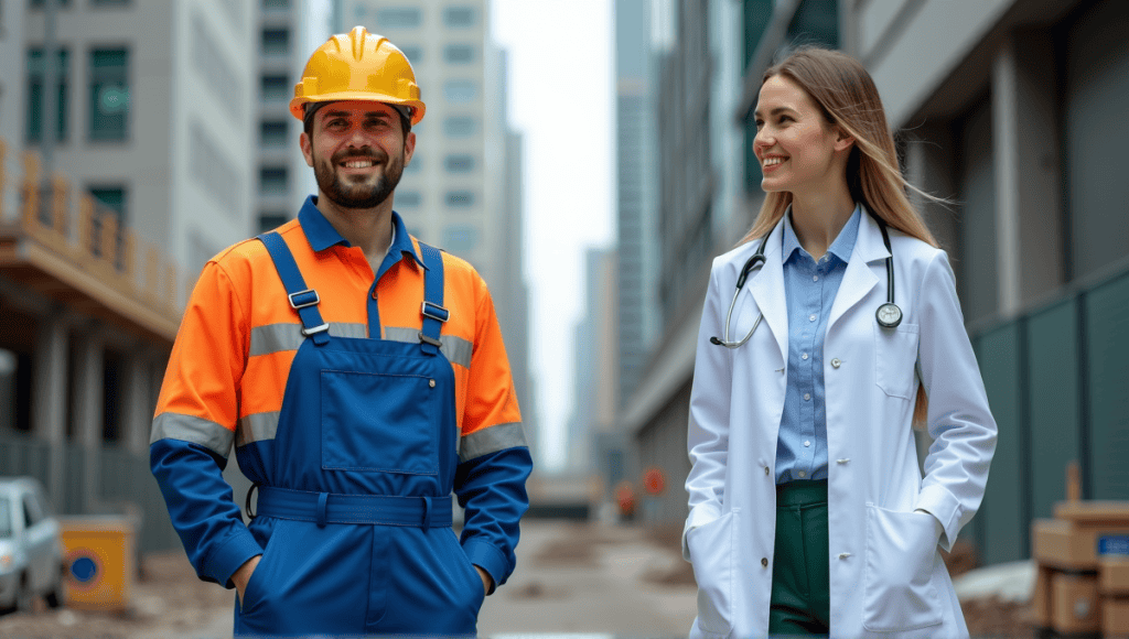 Engineer overcoming obstacles at a construction site, doctor in hospital corridor, symbolizing career challenges.