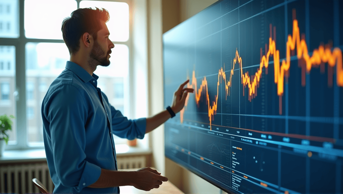 Person in blue shirt analyzing data on a large line plot in modern office.