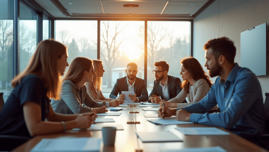 Diverse professionals collaborating on periodic reviews at a modern conference table in an office.