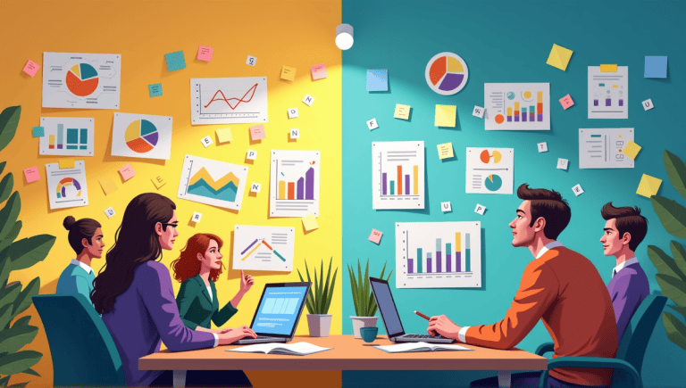 Split scene showing brainstorming group on one side and an analytical thinker on the other.