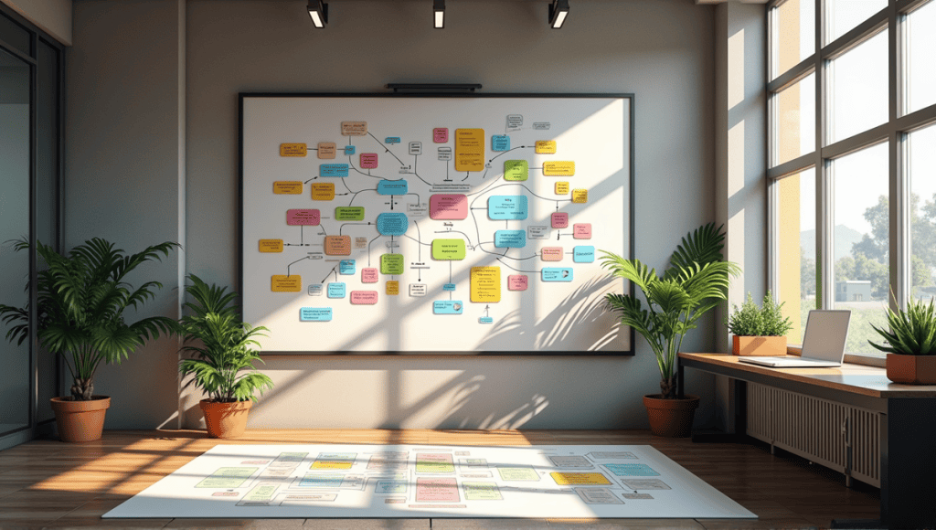 Open workspace showcasing mind maps, concept maps, and a fishbone diagram for brainstorming.