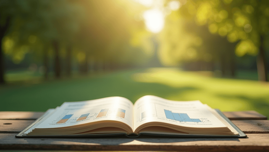 Open notebook on wooden desk displaying normal distribution charts in a serene park setting.