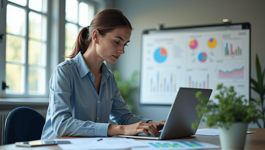 Product analyst in smart casual attire analyzing data on laptop surrounded by charts and diagrams.