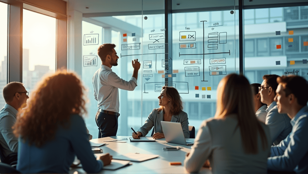 Group of analysts collaborating around a glass whiteboard filled with risk matrices and charts.