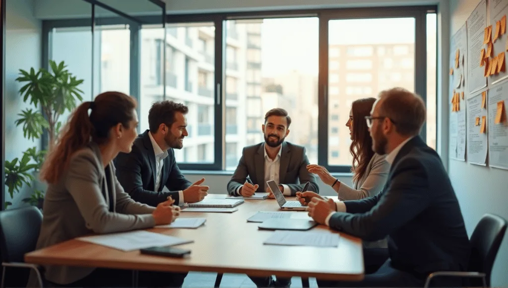 Professionals in smart casual attire collaborating in a modern conference room discussion.