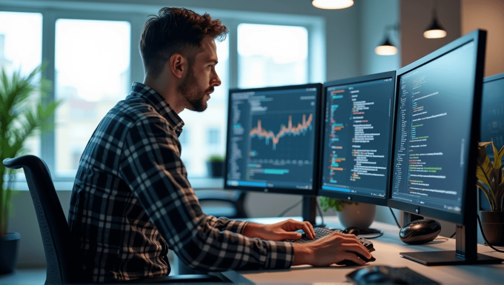 Data engineer in plaid shirt working at modern workstation with multiple screens.