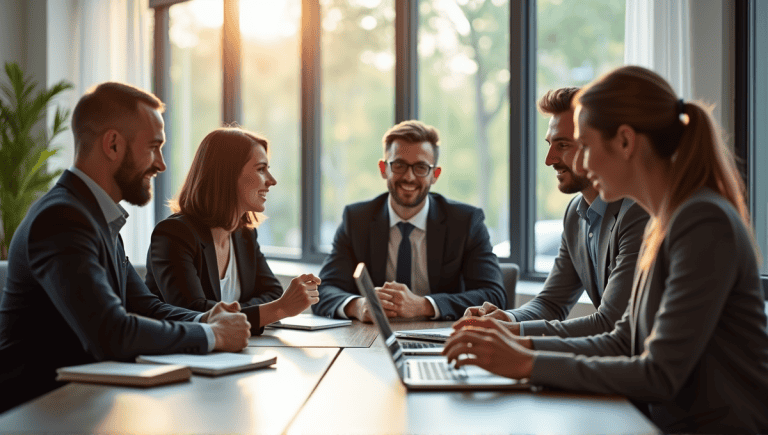 Diverse professionals in business attire collaborate around a conference table in a modern office.