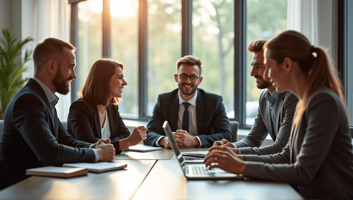 Diverse professionals in business attire collaborate around a conference table in a modern office.