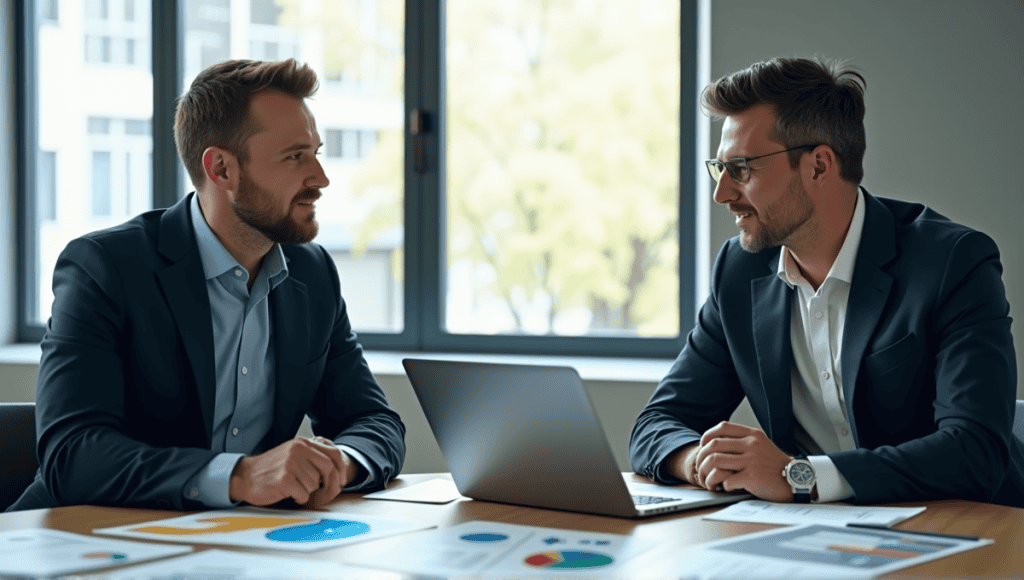 Two professionals discussing Lean and Six Sigma methodologies with charts and laptop on table.