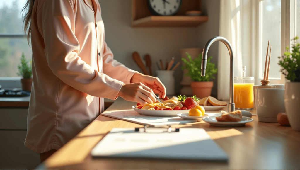 A person in loungewear prepares breakfast in a serene, organized kitchen.