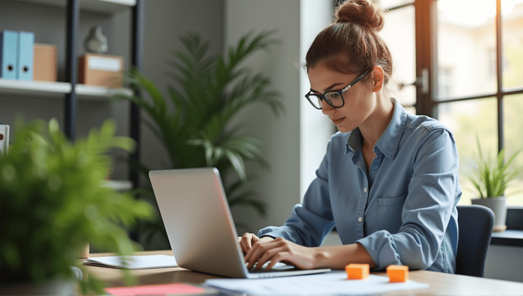 Focused office worker in smart casual attire at a modern workspace with organized desk.