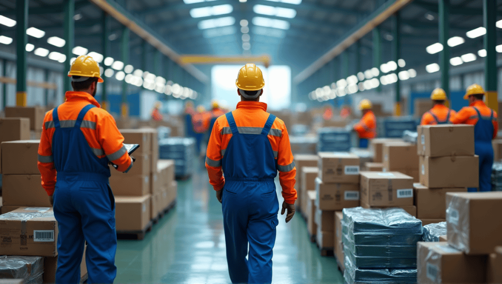 Busy manufacturing plant with workers in blue overalls, stacks of unnecessary products visible.