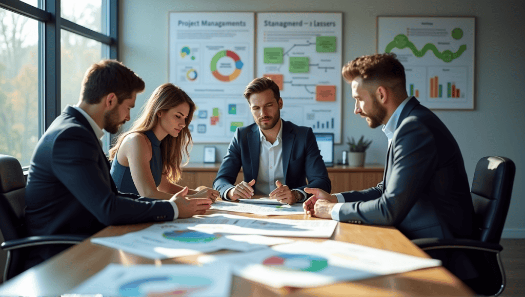 Professionals engaged in discussion around a conference table with project management materials.