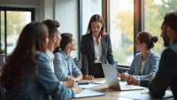 professionals in smart attire collaborate on development goals at a conference table.