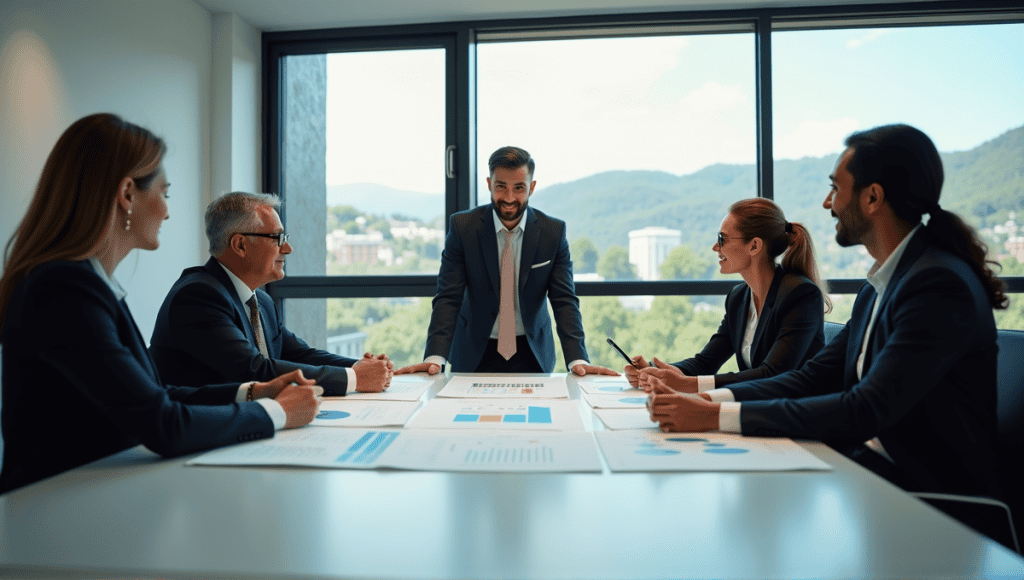 professionals in business attire collaborating during a process analysis meeting in a conference room.