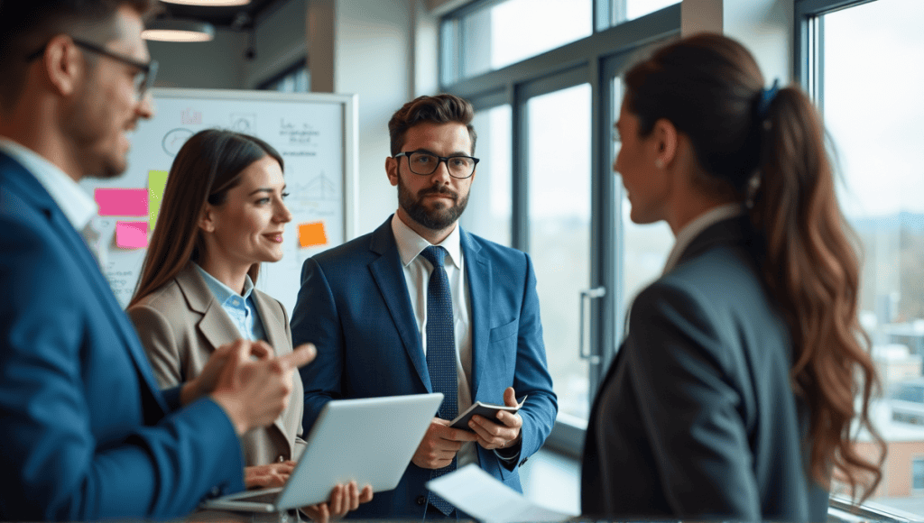 Group of professionals discussing strategies in a modern office with collaborative tools around.