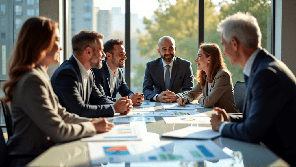 Group of business professionals discussing strategies in a modern office with performance charts.