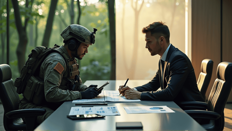 Tactical soldier in forest planning with tablet, contrasting business leader analyzing charts in boardroom.