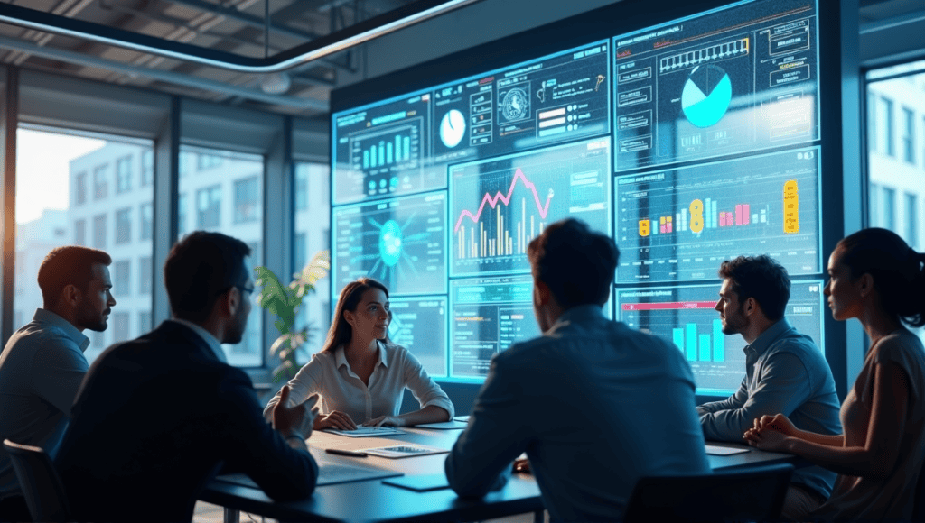 Diverse professionals discussing data modeling around a large digital interface in an office.