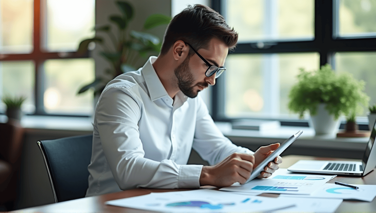 Focused professional in white shirt analyzing data on a tablet at a modern workspace.